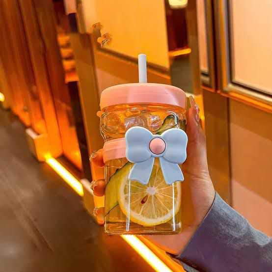 400ml Flower Bow Glass Cup with Straw – Cute Kawaii Aesthetic Glass Mug